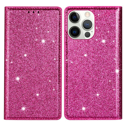 Ultra-thin Flash Powder PU Leather Protective Stand Case Cover with Card Holder for iPhone 13 Pro 6.1 inch