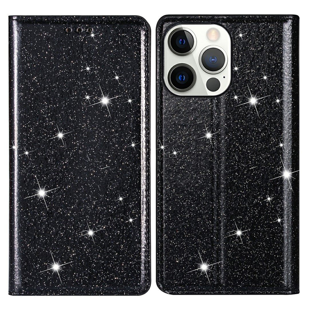 Ultra-thin Flash Powder PU Leather Protective Stand Case Cover with Card Holder for iPhone 13 Pro 6.1 inch
