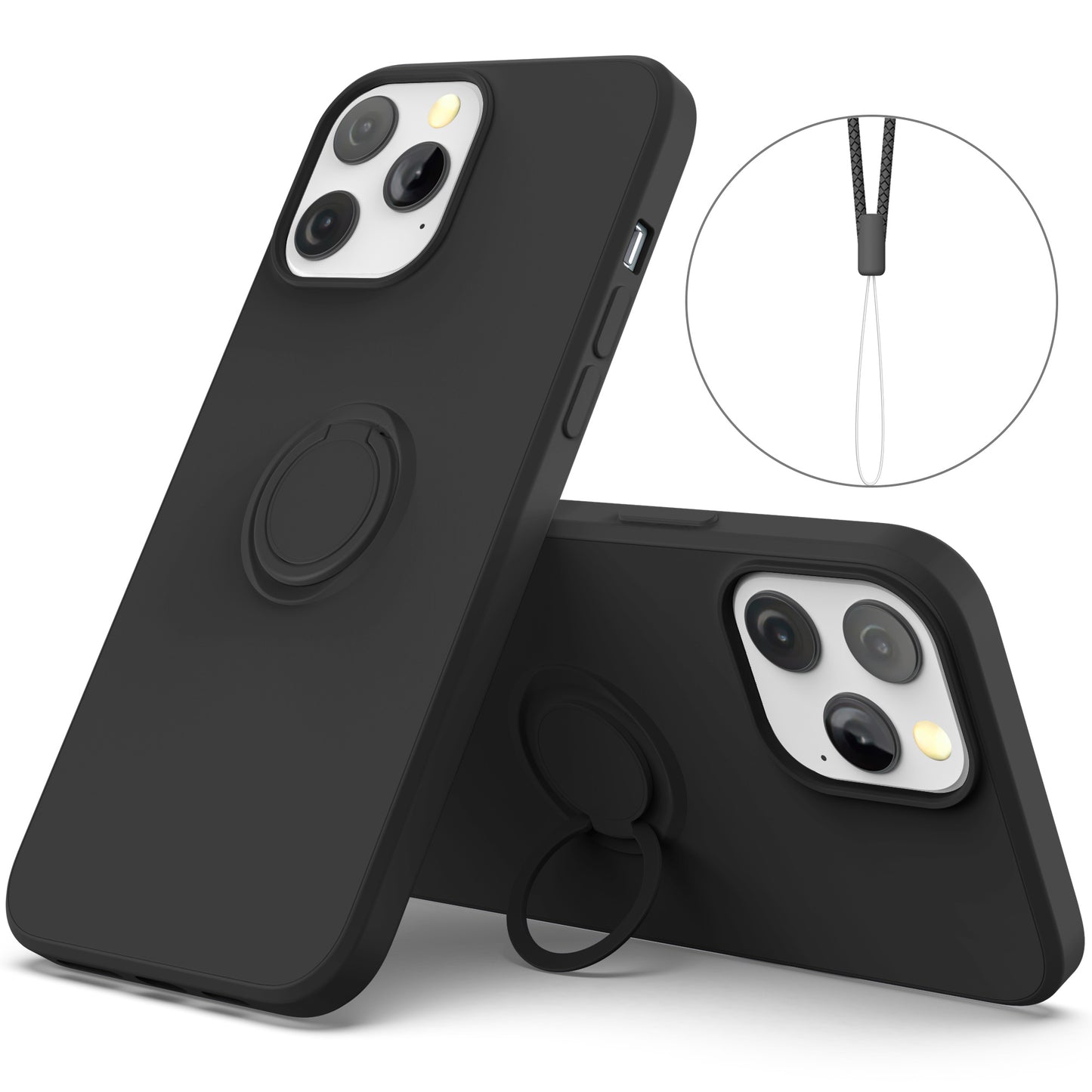 Adjustable Ring Kickstand Design Shock-Proof Soft Eco-Friendly Liquid Silicone Phone Protective Case Shell with Handy Strap for iPhone 13 Pro Max 6.7 inch