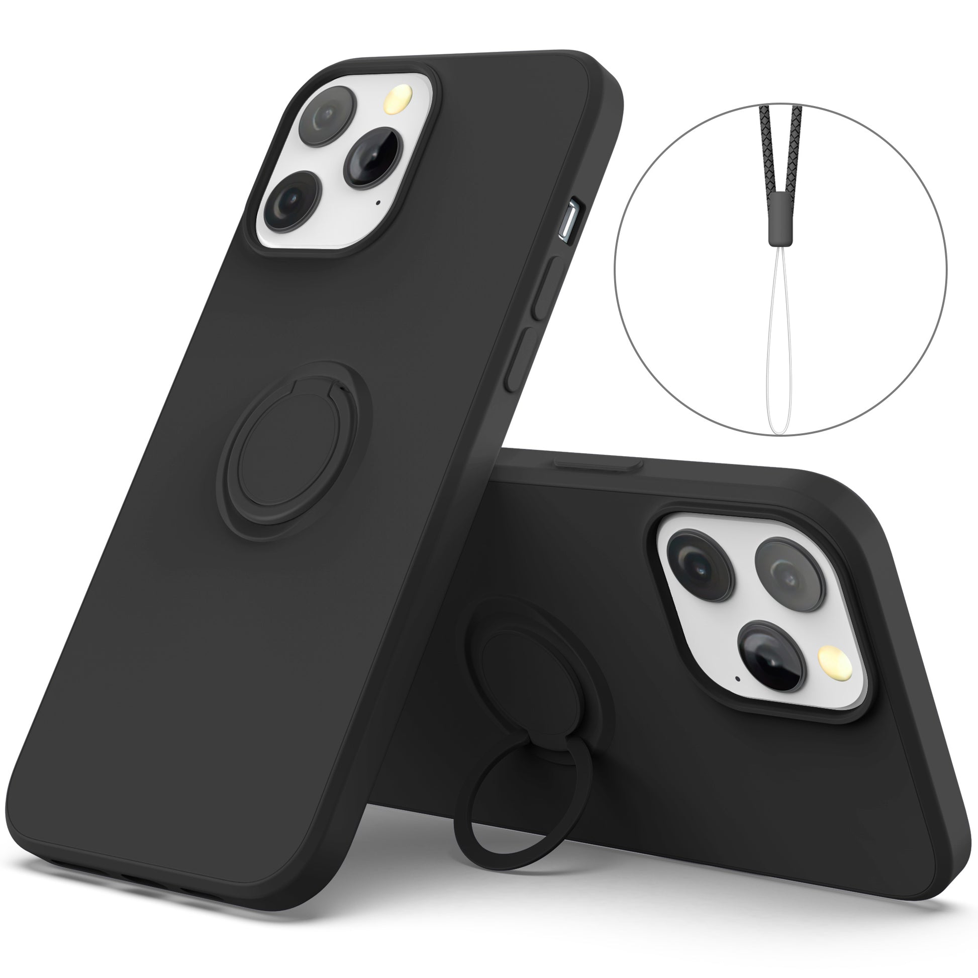 Adjustable Ring Kickstand Design Shock-Proof Soft Eco-Friendly Liquid Silicone Phone Protective Case Shell with Handy Strap for iPhone 13 Pro Max 6.7 inch