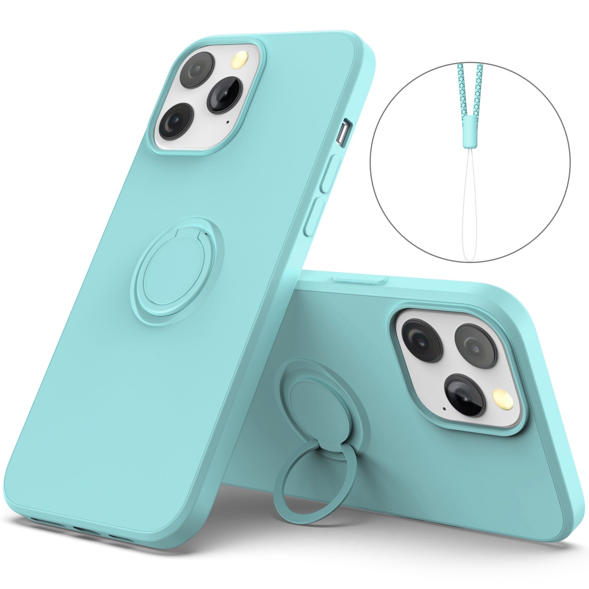 Adjustable Ring Kickstand Design Shock-Proof Soft Eco-Friendly Liquid Silicone Phone Protective Case Shell with Handy Strap for iPhone 13 Pro Max 6.7 inch