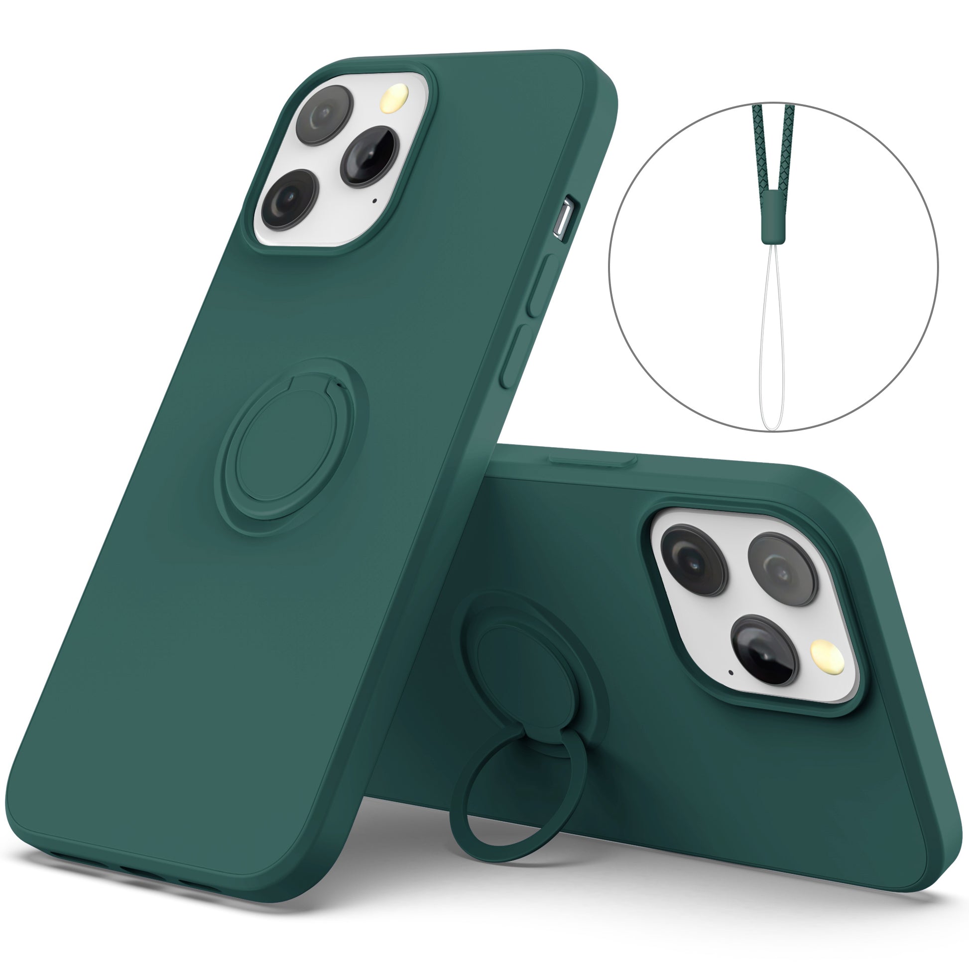 Adjustable Ring Kickstand Design Shock-Proof Soft Eco-Friendly Liquid Silicone Phone Protective Case Shell with Handy Strap for iPhone 13 Pro Max 6.7 inch