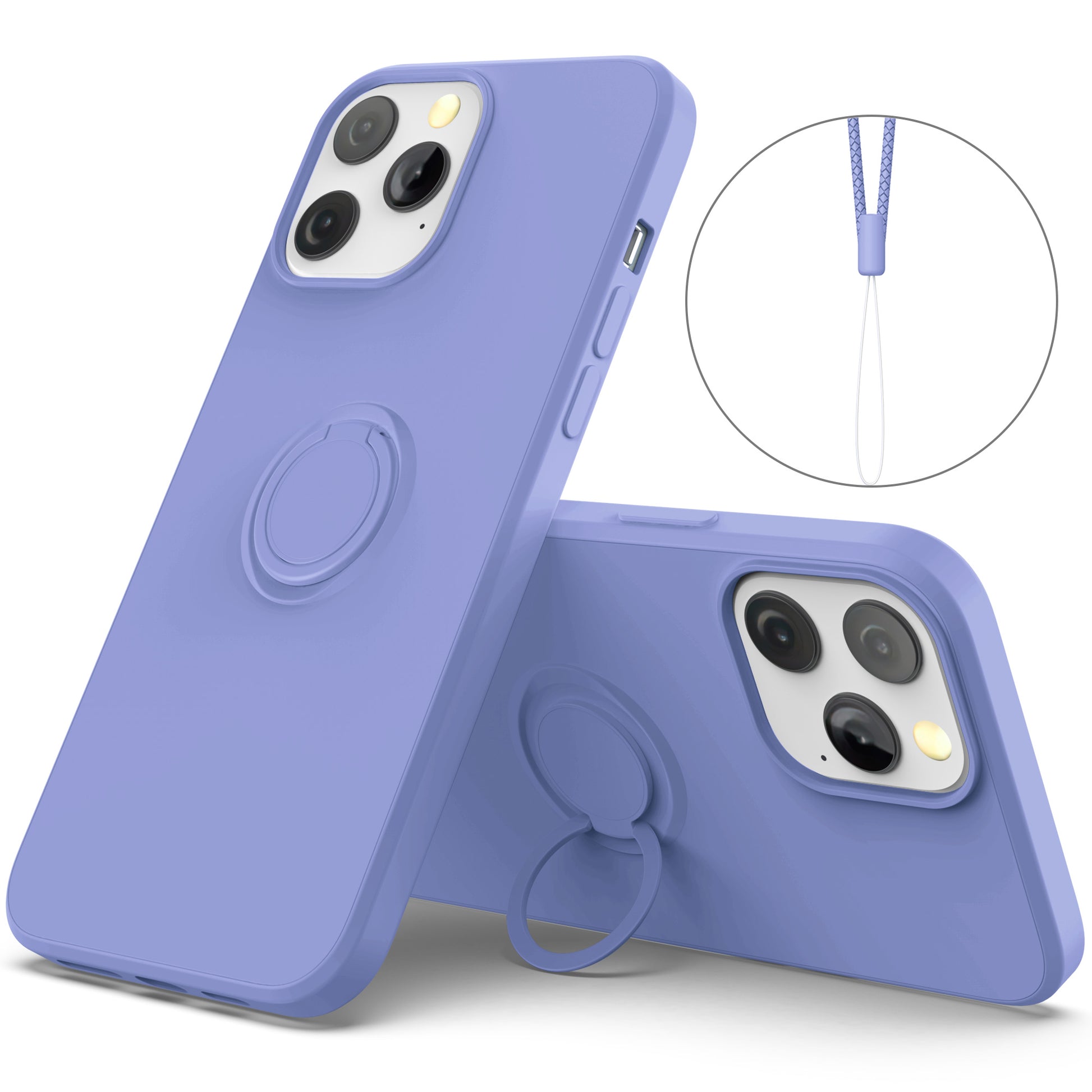 Adjustable Ring Kickstand Design Shock-Proof Soft Eco-Friendly Liquid Silicone Phone Protective Case Shell with Handy Strap for iPhone 13 Pro Max 6.7 inch