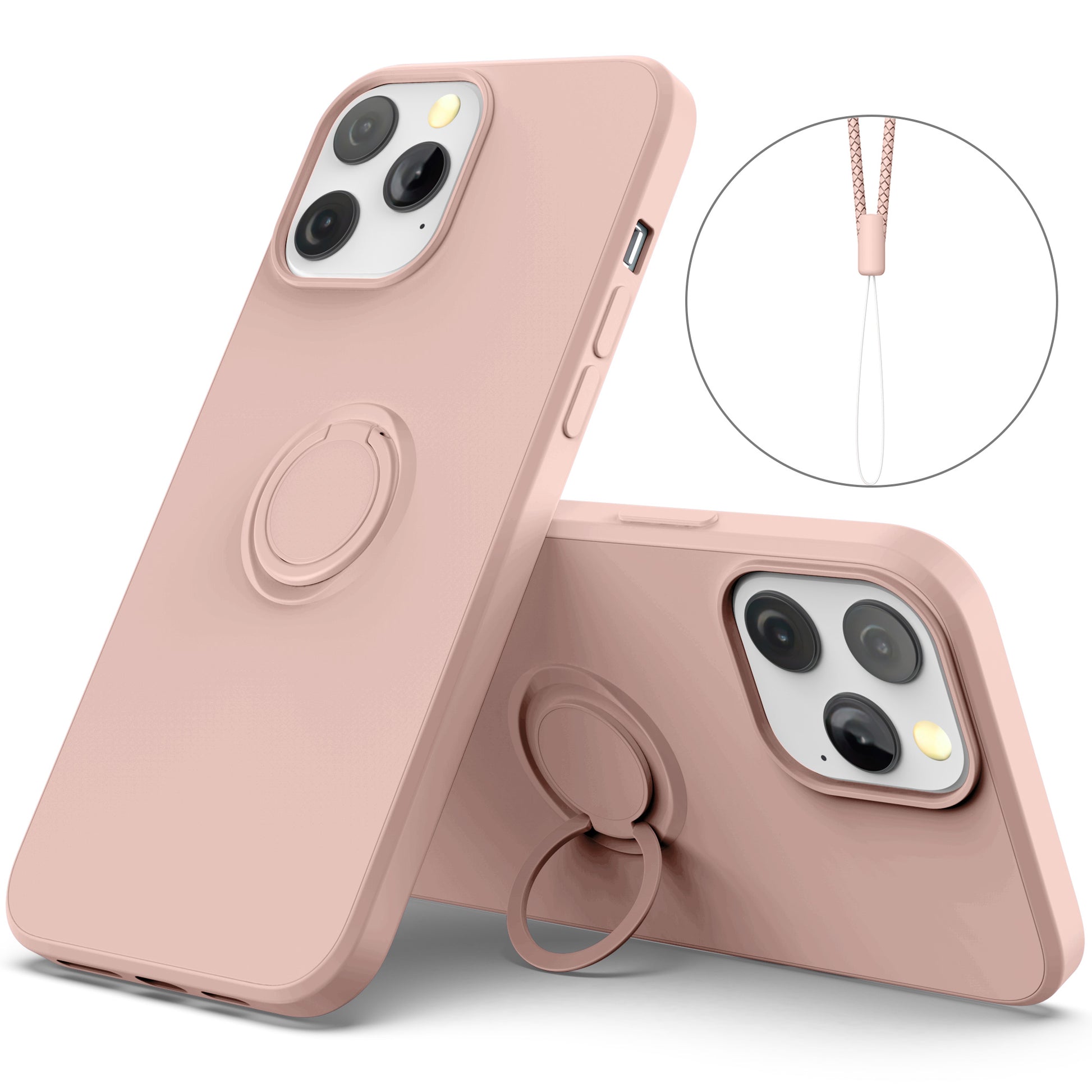 Adjustable Ring Kickstand Design Shock-Proof Soft Eco-Friendly Liquid Silicone Phone Protective Case Shell with Handy Strap for iPhone 13 Pro Max 6.7 inch