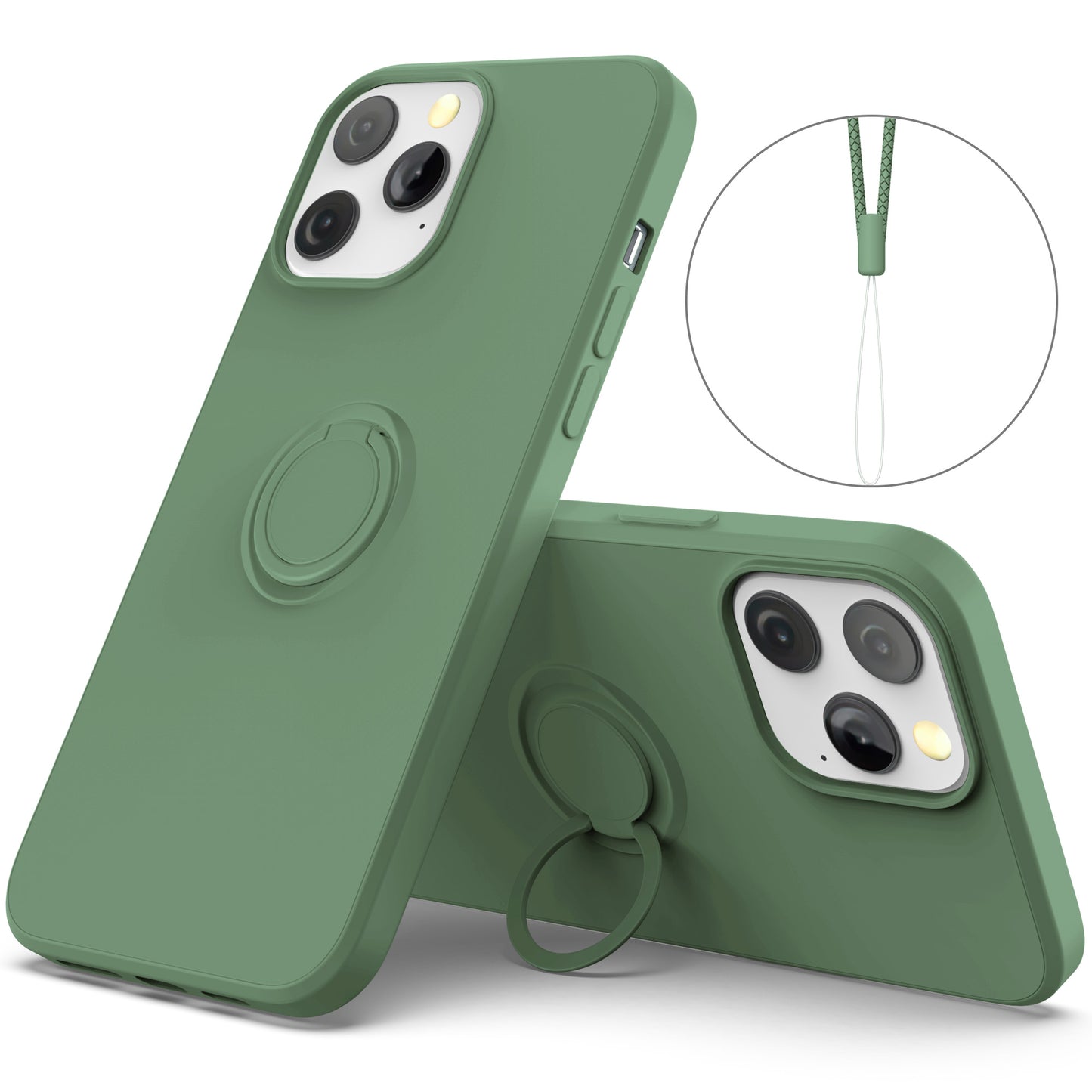 Adjustable Ring Kickstand Design Shock-Proof Soft Eco-Friendly Liquid Silicone Phone Protective Case Shell with Handy Strap for iPhone 13 Pro Max 6.7 inch