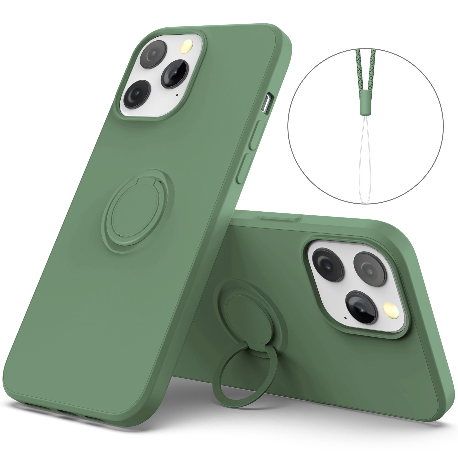 Adjustable Ring Kickstand Design Shock-Proof Soft Eco-Friendly Liquid Silicone Phone Protective Case Shell with Handy Strap for iPhone 13 Pro Max 6.7 inch