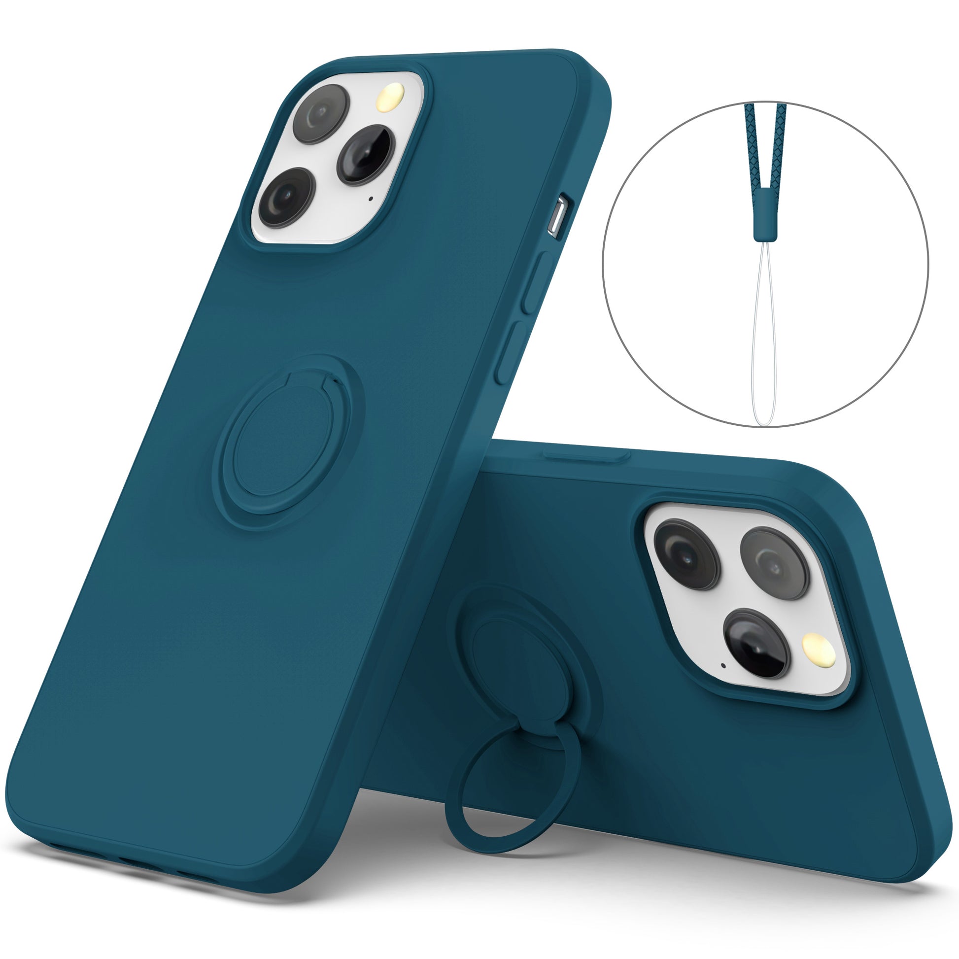 Adjustable Ring Kickstand Design Shock-Proof Soft Eco-Friendly Liquid Silicone Phone Protective Case Shell with Handy Strap for iPhone 13 Pro Max 6.7 inch