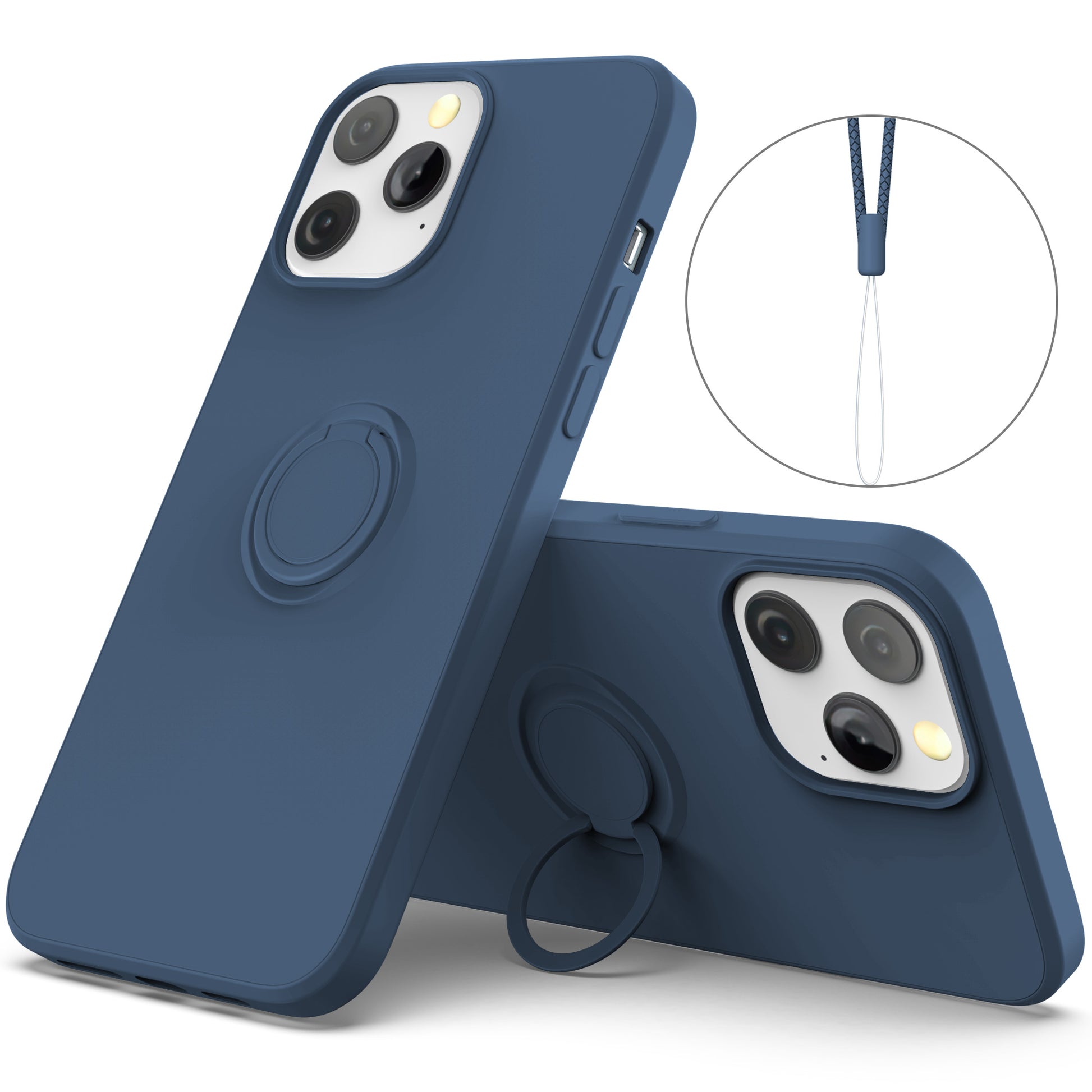 Adjustable Ring Kickstand Design Shock-Proof Soft Eco-Friendly Liquid Silicone Phone Protective Case Shell with Handy Strap for iPhone 13 Pro Max 6.7 inch