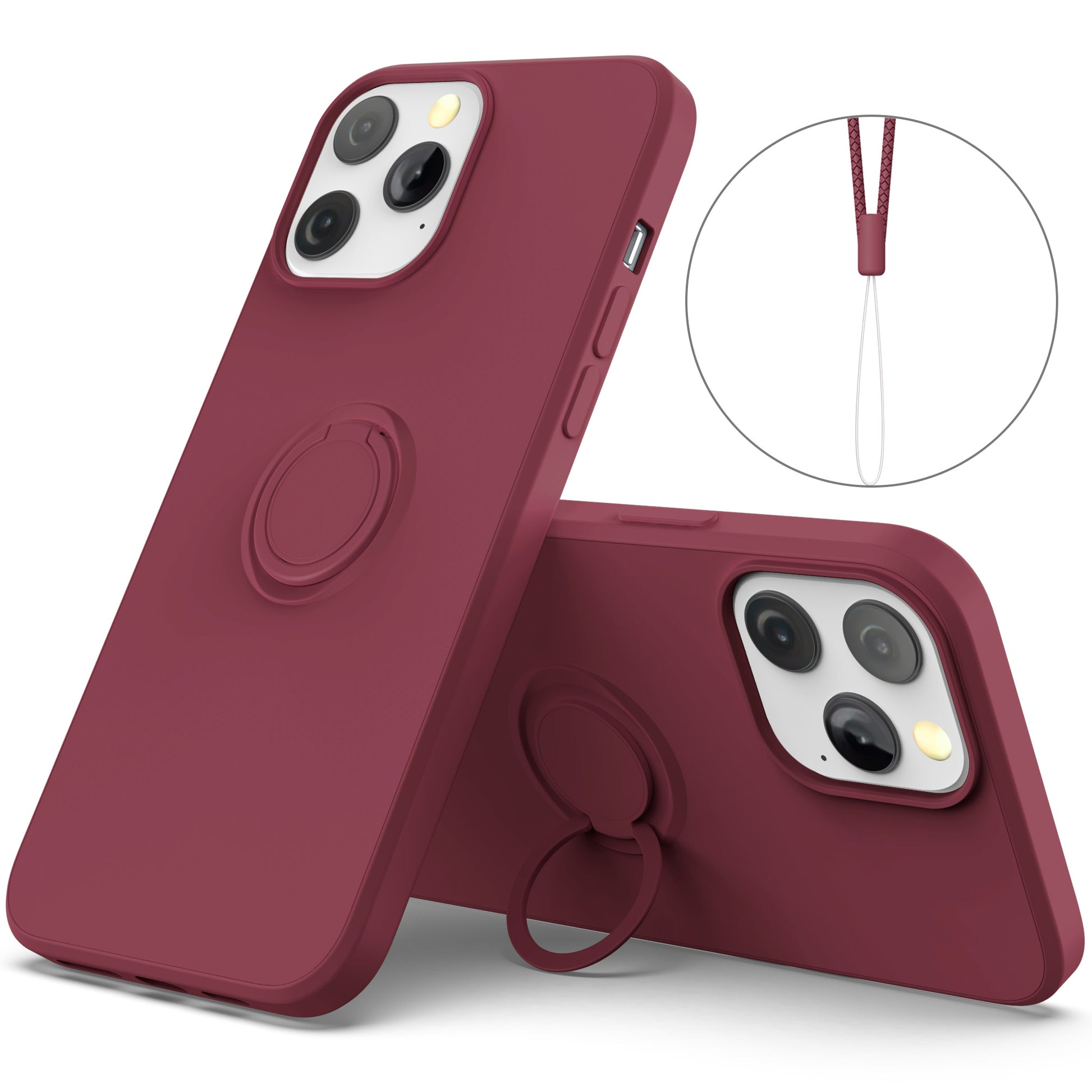 Adjustable Ring Kickstand Design Shock-Proof Soft Eco-Friendly Liquid Silicone Phone Protective Case Shell with Handy Strap for iPhone 13 Pro Max 6.7 inch