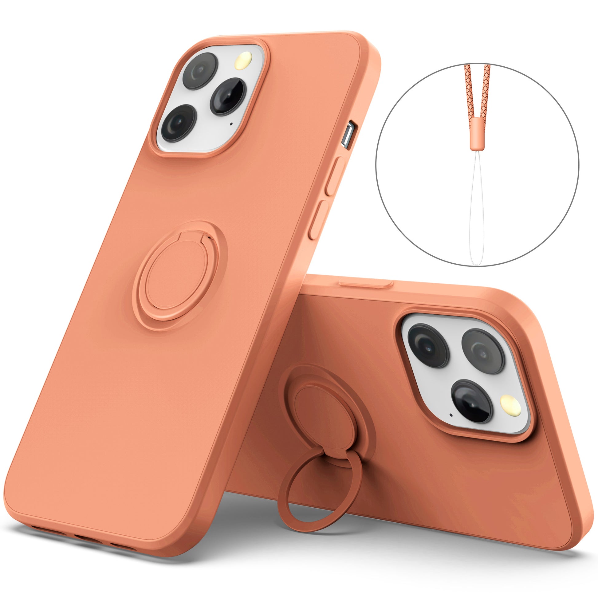 Adjustable Ring Kickstand Design Shock-Proof Soft Eco-Friendly Liquid Silicone Phone Protective Case Shell with Handy Strap for iPhone 13 Pro Max 6.7 inch