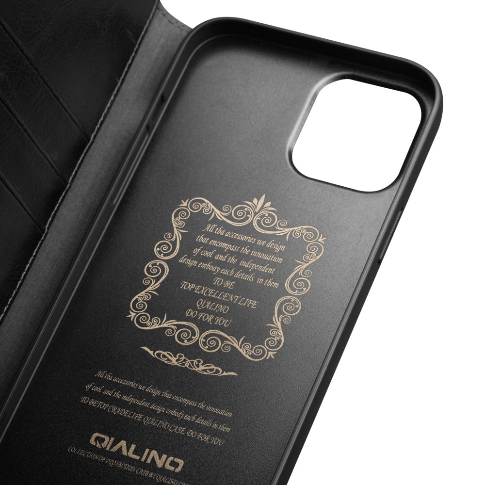 QIALINO Top Layer Cowhide Leather Stand Wallet Cell Phone Cover Protector for iPhone 13 Pro Max 6.7 inch
