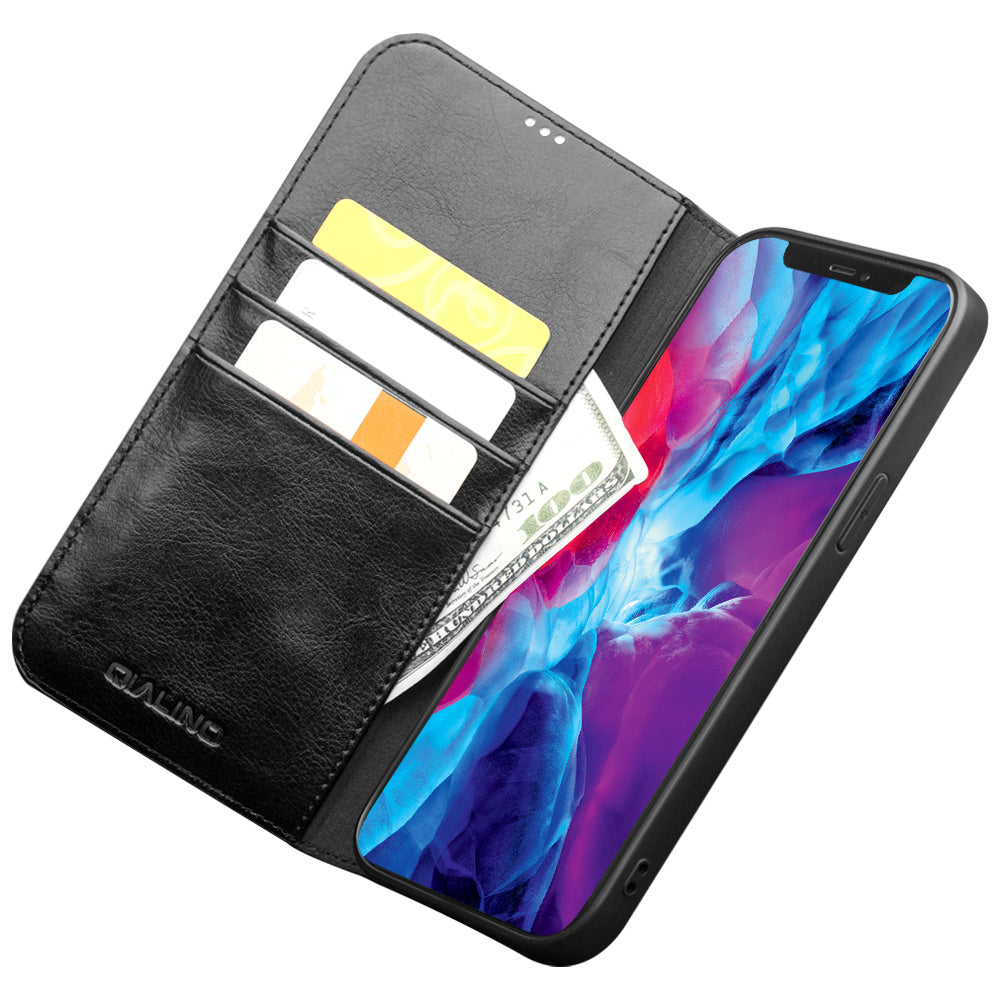 QIALINO Top Layer Cowhide Leather Stand Wallet Cell Phone Cover Protector for iPhone 13 Pro Max 6.7 inch