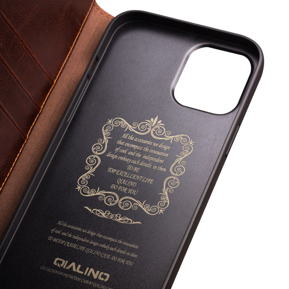 QIALINO Top Layer Cowhide Leather Stand Wallet Cell Phone Cover Protector for iPhone 13 Pro Max 6.7 inch