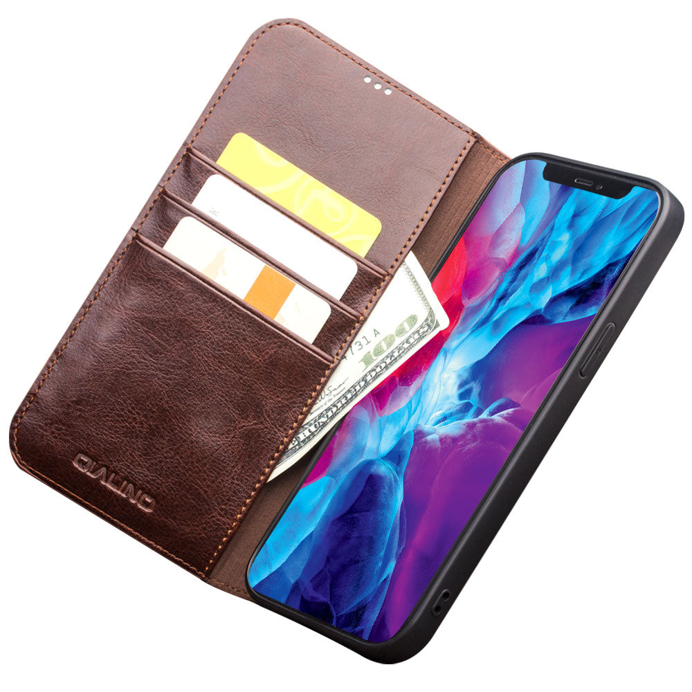 QIALINO Top Layer Cowhide Leather Stand Wallet Cell Phone Cover Protector for iPhone 13 Pro Max 6.7 inch