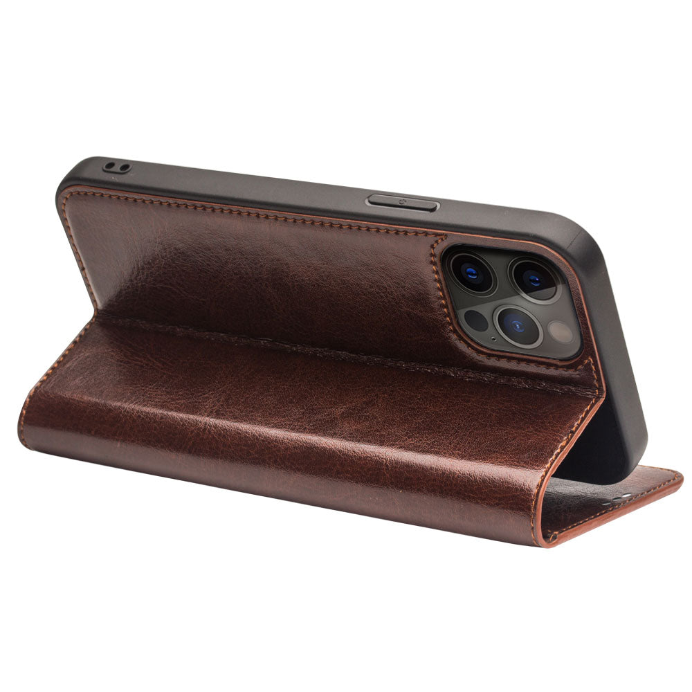 QIALINO Top Layer Cowhide Leather Stand Wallet Cell Phone Cover Protector for iPhone 13 Pro Max 6.7 inch