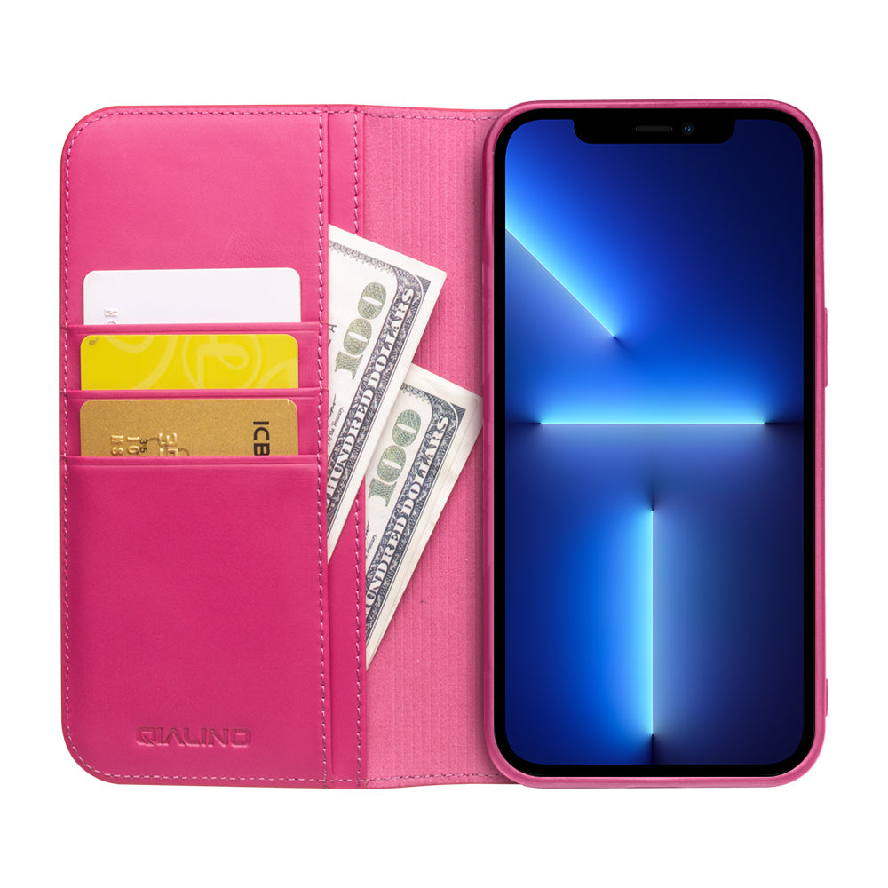 QIALINO Top Layer Cowhide Leather Stand Wallet Cell Phone Cover Protector for iPhone 13 Pro Max 6.7 inch