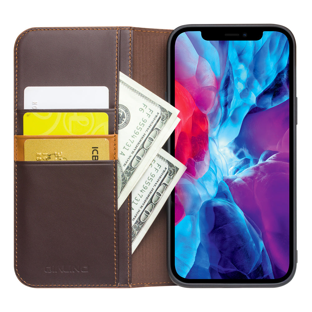 QIALINO Folio Flip Wallet Design Top Layer Cowhide Leather Phone Cover with Stand for iPhone 13 Pro Max 6.7 inch