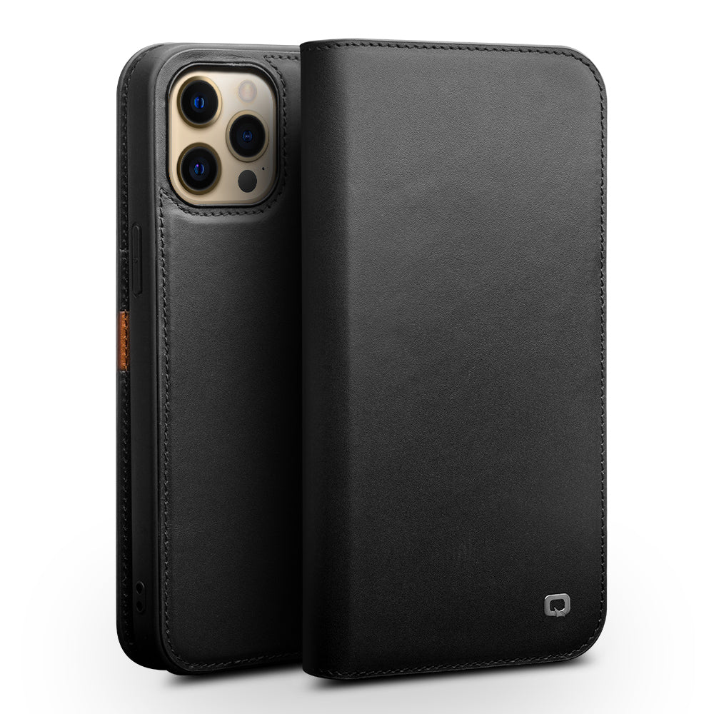 QIALINO Folio Flip Top Layer Cowhide Leather Light Stand Wallet Design Phone Cover for iPhone 13 Pro 6.1 inch