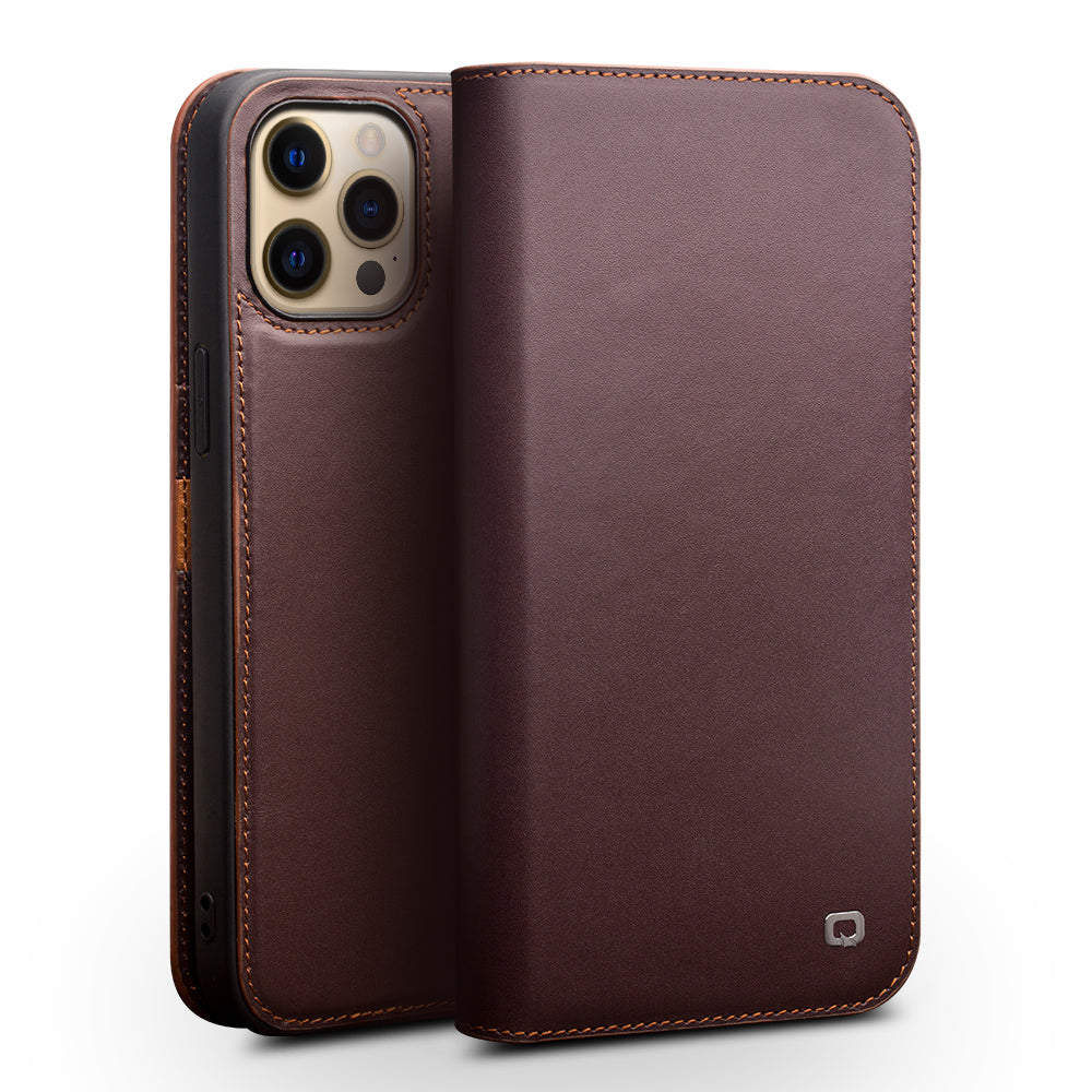 QIALINO Folio Flip Top Layer Cowhide Leather Light Stand Wallet Design Phone Cover for iPhone 13 Pro 6.1 inch