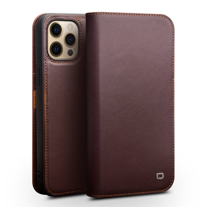 QIALINO Folio Flip Top Layer Cowhide Leather Light Stand Wallet Design Phone Cover for iPhone 13 Pro 6.1 inch
