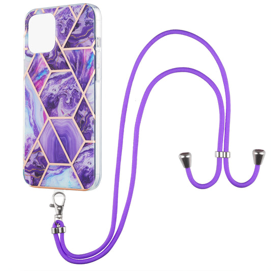 2.0mm Slim Marble Splicing Pattern Double-sided IMD Electroplating Flexible TPU Case with Lanyard for iPhone 13 6.1 inch