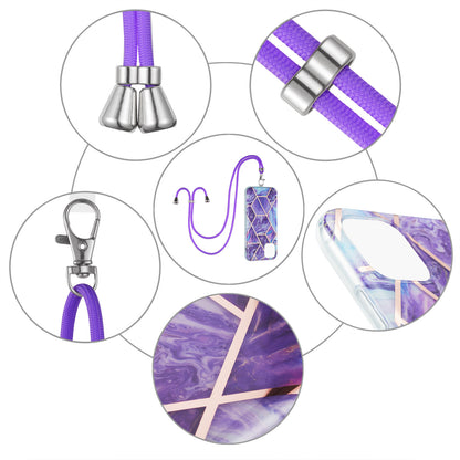 2.0mm Slim Marble Splicing Pattern Double-sided IMD Electroplating Flexible TPU Case with Lanyard for iPhone 13 6.1 inch