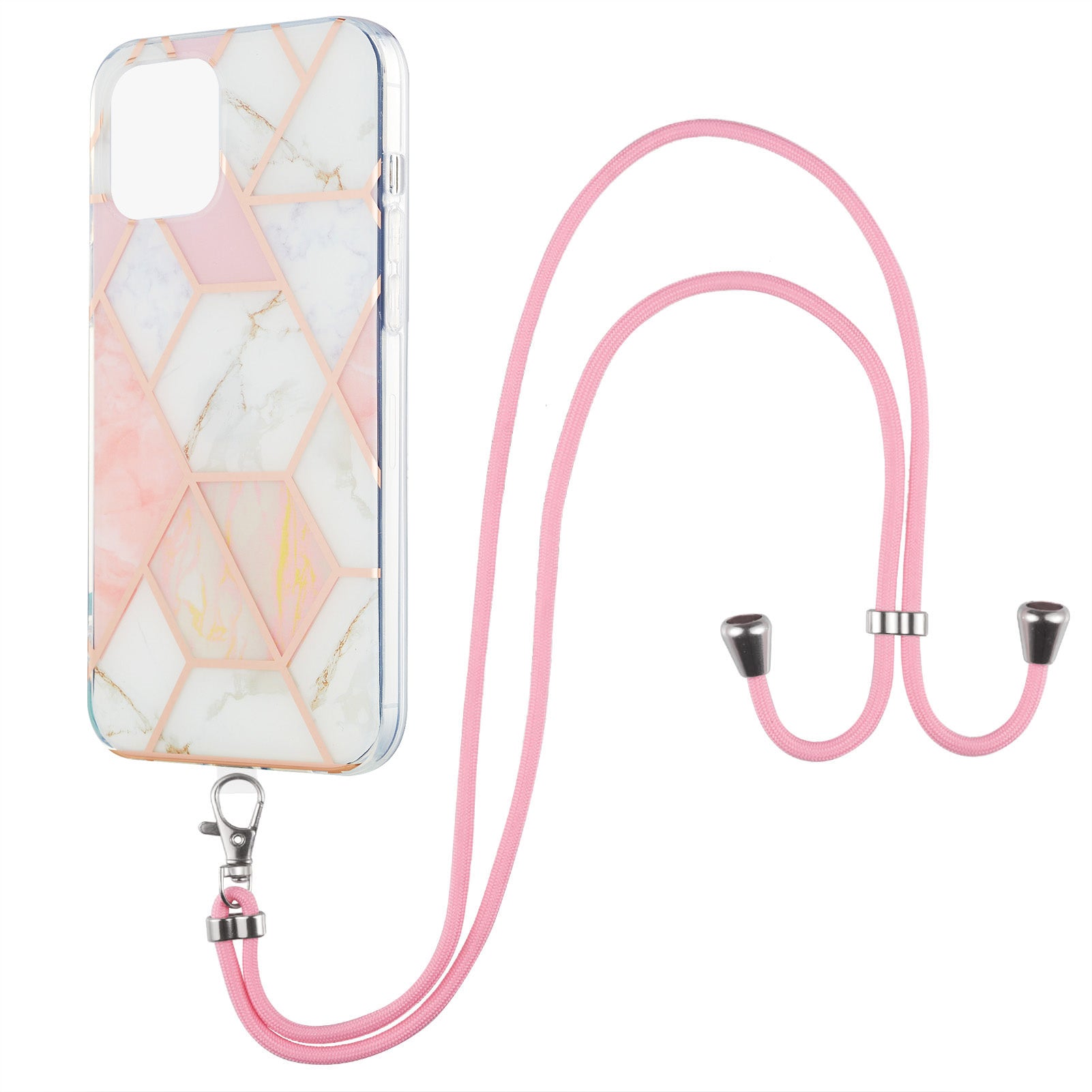 2.0mm Slim Marble Splicing Pattern Double-sided IMD Electroplating Flexible TPU Case with Lanyard for iPhone 13 6.1 inch