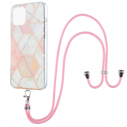 2.0mm Slim Marble Splicing Pattern Double-sided IMD Electroplating Flexible TPU Case with Lanyard for iPhone 13 6.1 inch