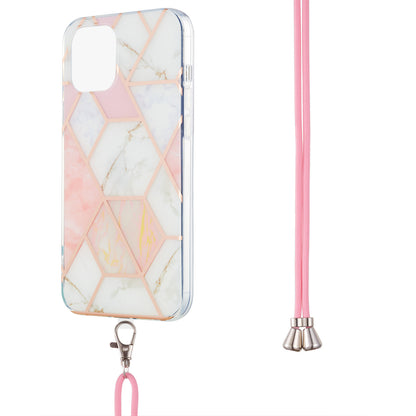 2.0mm Slim Marble Splicing Pattern Double-sided IMD Electroplating Flexible TPU Case with Lanyard for iPhone 13 6.1 inch