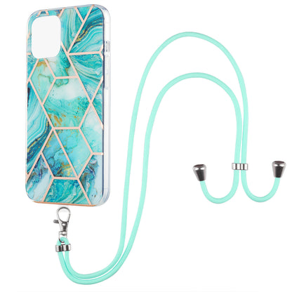 2.0mm Slim Marble Splicing Pattern Double-sided IMD Electroplating Flexible TPU Case with Lanyard for iPhone 13 6.1 inch