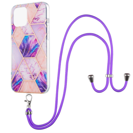 2.0mm Slim Marble Splicing Pattern Double-sided IMD Electroplating Flexible TPU Case with Lanyard for iPhone 13 6.1 inch