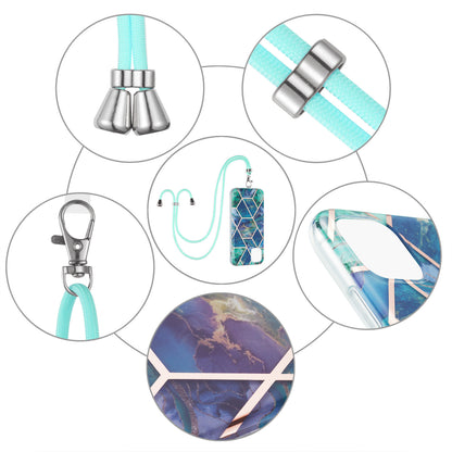 2.0mm Slim Marble Splicing Pattern Double-sided IMD Electroplating Flexible TPU Case with Lanyard for iPhone 13 6.1 inch