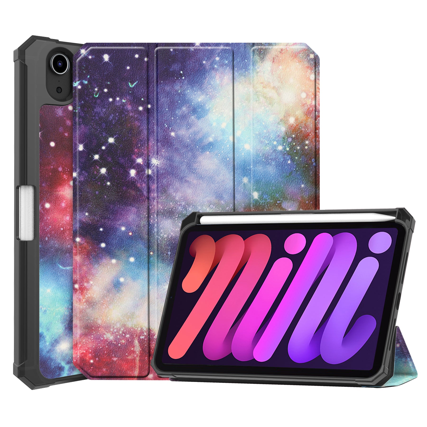 For iPad mini 6 (2021) Protective Case with Pencil Holder Pattern Printed Tri-fold Stand Leather Tablet Cover