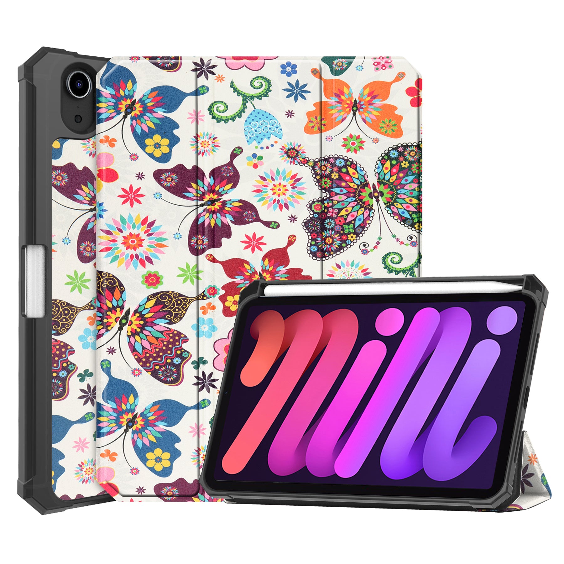 For iPad mini 6 (2021) Protective Case with Pencil Holder Pattern Printed Tri-fold Stand Leather Tablet Cover