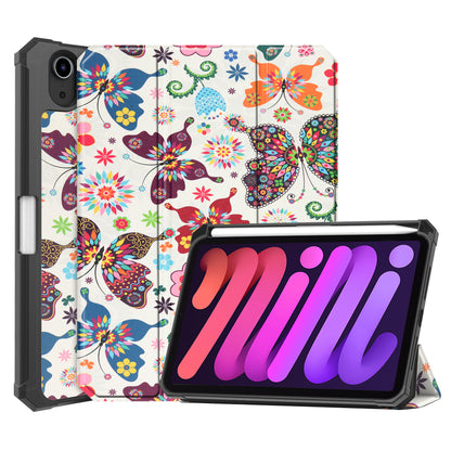 For iPad mini 6 (2021) Protective Case with Pencil Holder Pattern Printed Tri-fold Stand Leather Tablet Cover