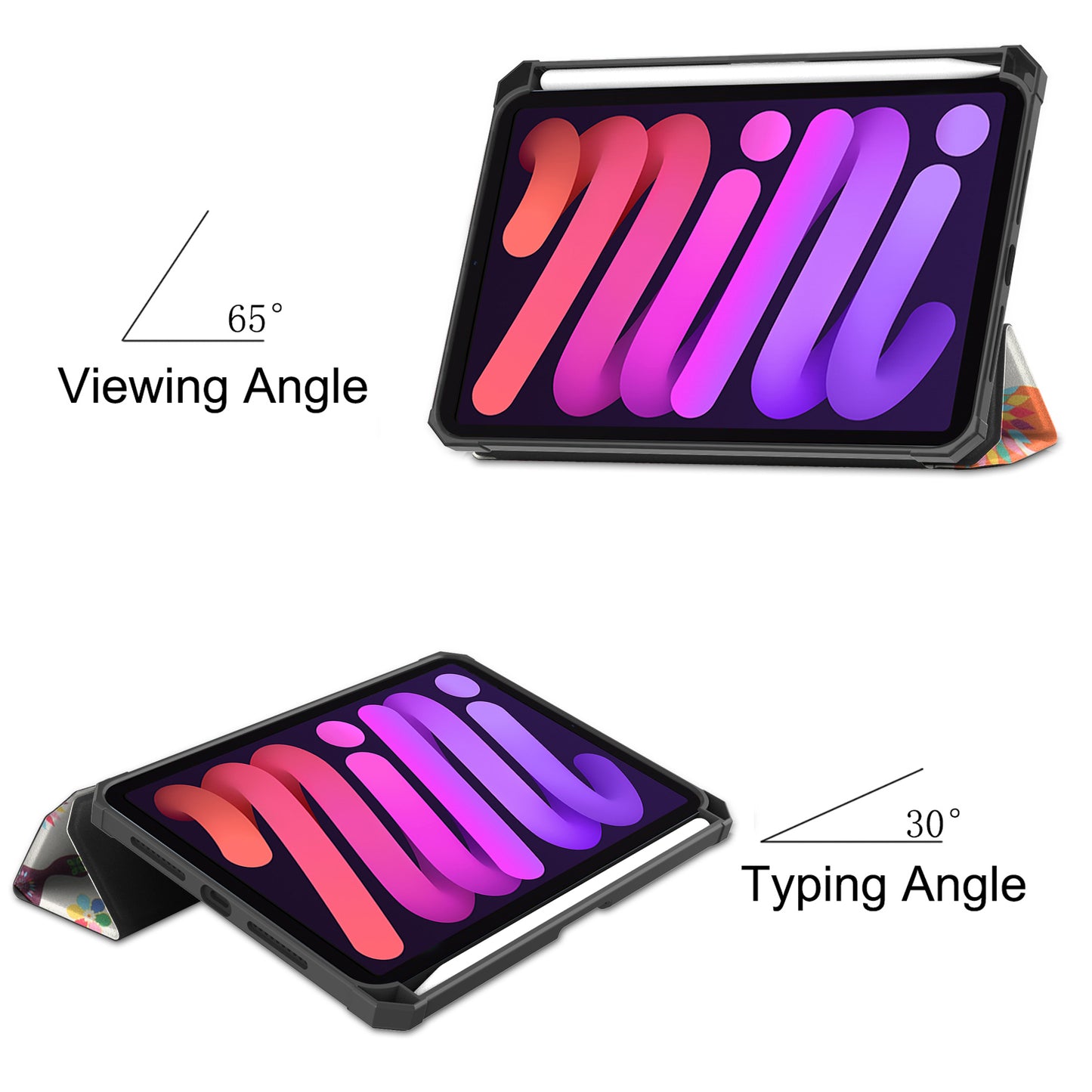 For iPad mini 6 (2021) Protective Case with Pencil Holder Pattern Printed Tri-fold Stand Leather Tablet Cover