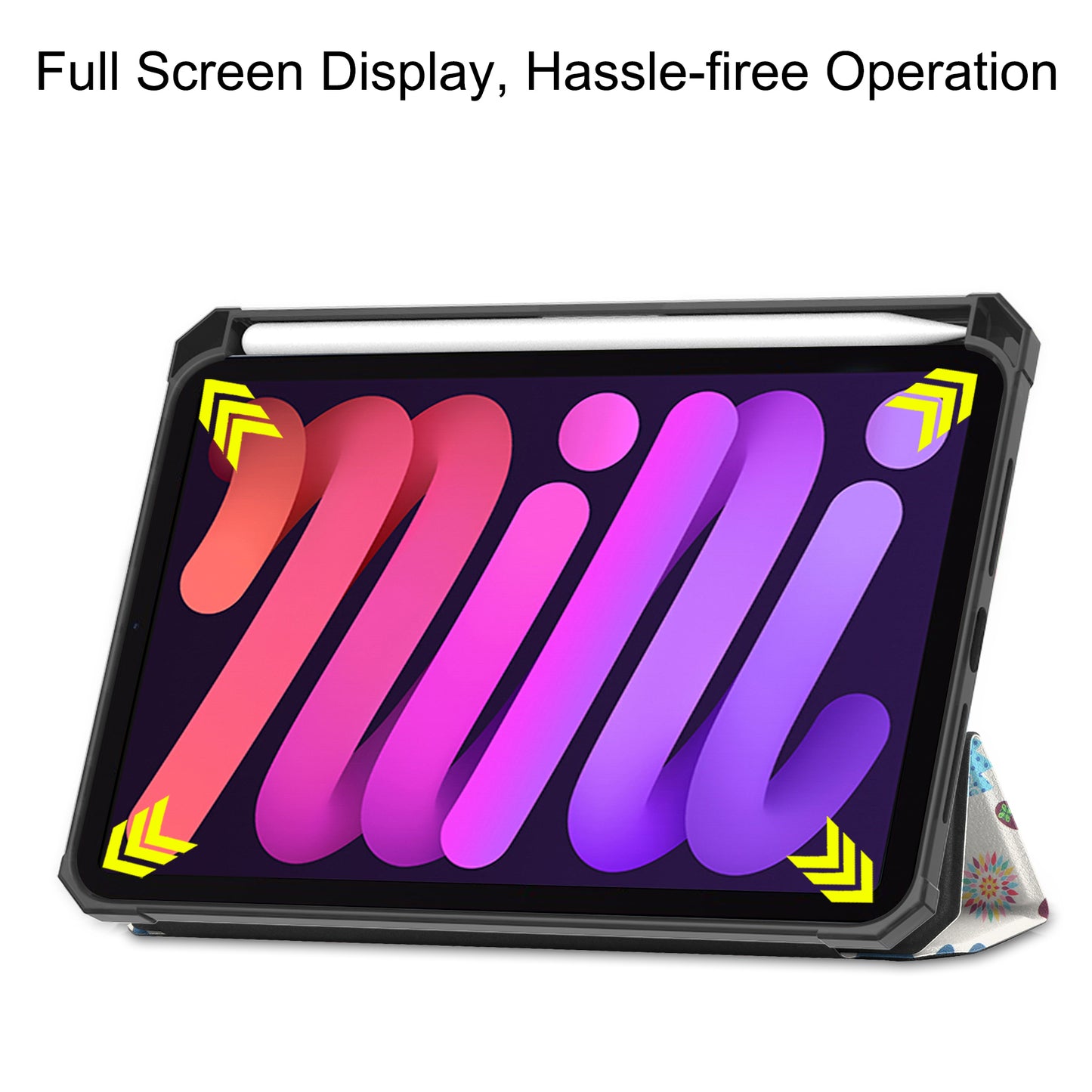 For iPad mini 6 (2021) Protective Case with Pencil Holder Pattern Printed Tri-fold Stand Leather Tablet Cover