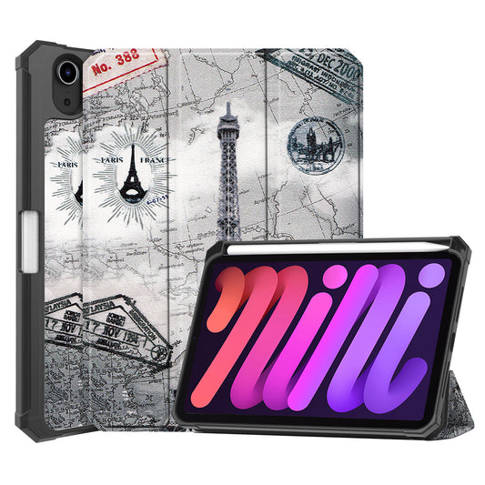For iPad mini 6 (2021) Protective Case with Pencil Holder Pattern Printed Tri-fold Stand Leather Tablet Cover