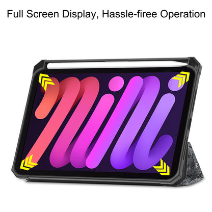 For iPad mini 6 (2021) Protective Case with Pencil Holder Pattern Printed Tri-fold Stand Leather Tablet Cover