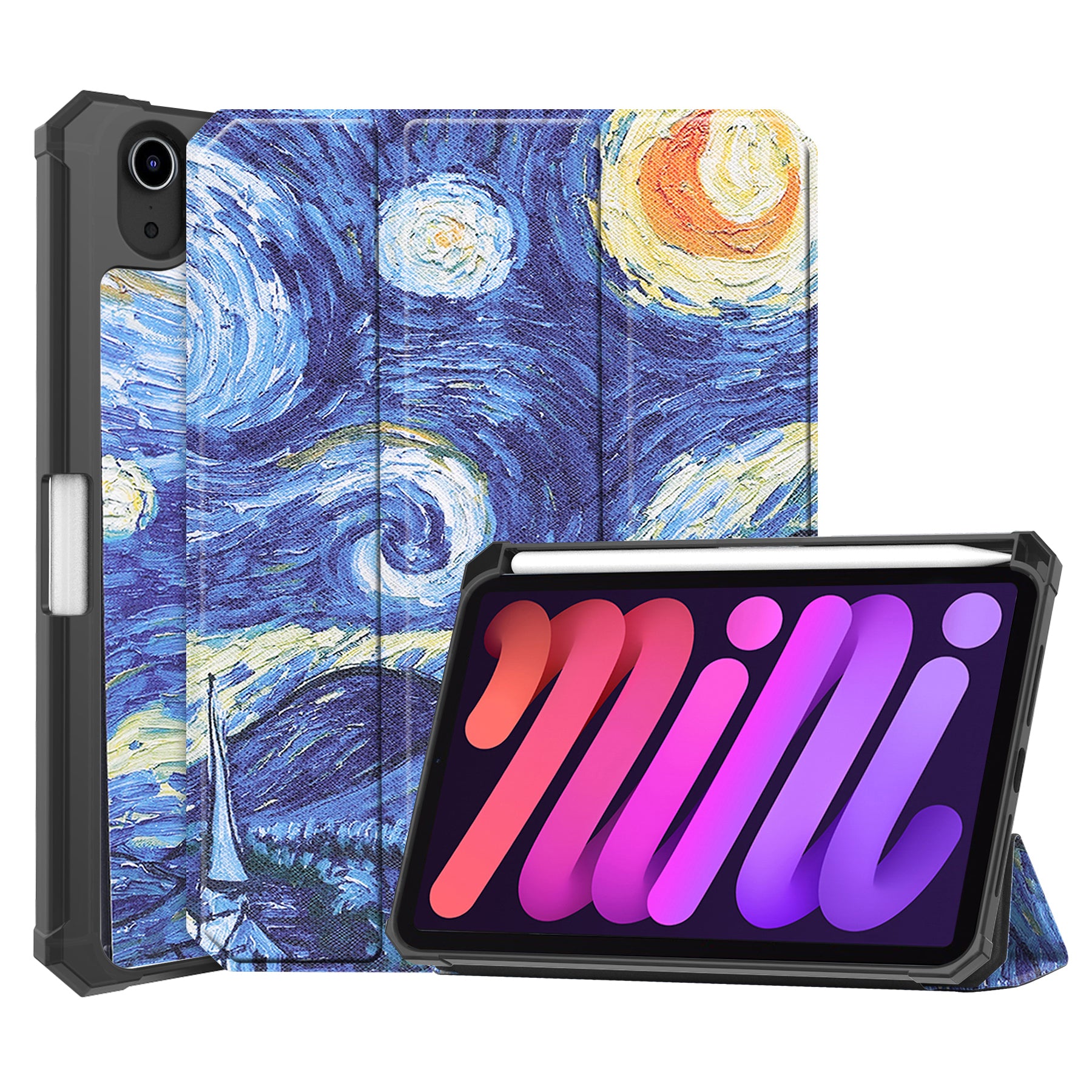 For iPad mini 6 (2021) Protective Case with Pencil Holder Pattern Printed Tri-fold Stand Leather Tablet Cover