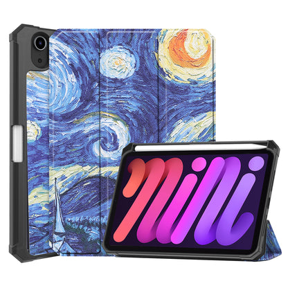 For iPad mini 6 (2021) Protective Case with Pencil Holder Pattern Printed Tri-fold Stand Leather Tablet Cover