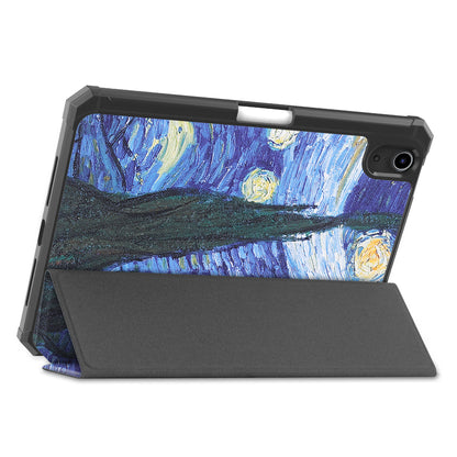 For iPad mini 6 (2021) Protective Case with Pencil Holder Pattern Printed Tri-fold Stand Leather Tablet Cover