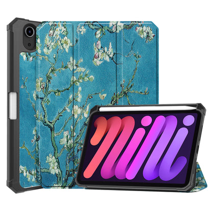 For iPad mini 6 (2021) Protective Case with Pencil Holder Pattern Printed Tri-fold Stand Leather Tablet Cover