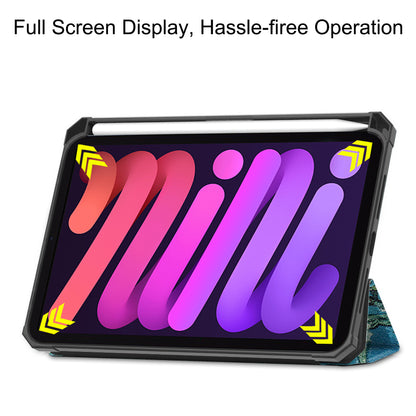 For iPad mini 6 (2021) Protective Case with Pencil Holder Pattern Printed Tri-fold Stand Leather Tablet Cover