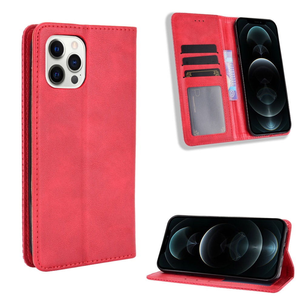 Auto-absorbed Anti-Drop Vintage Style Wallet Protective PU Leather Phone Case with Stand for iPhone 13 Pro 6.1 inch