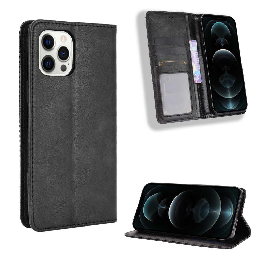 Auto-absorbed Anti-Drop Vintage Style Wallet Protective PU Leather Phone Case with Stand for iPhone 13 Pro 6.1 inch