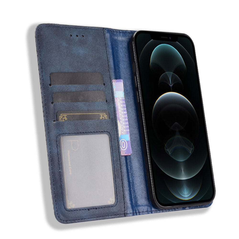 Auto-absorbed Anti-Drop Vintage Style Wallet Protective PU Leather Phone Case with Stand for iPhone 13 Pro 6.1 inch