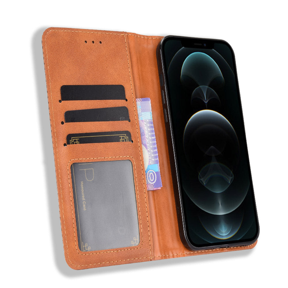 Auto-absorbed Anti-Drop Vintage Style Wallet Protective PU Leather Phone Case with Stand for iPhone 13 Pro 6.1 inch