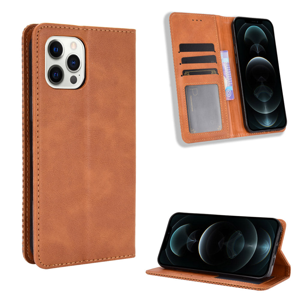 Auto-absorbed Anti-Drop Vintage Style Wallet Protective PU Leather Phone Case with Stand for iPhone 13 Pro 6.1 inch