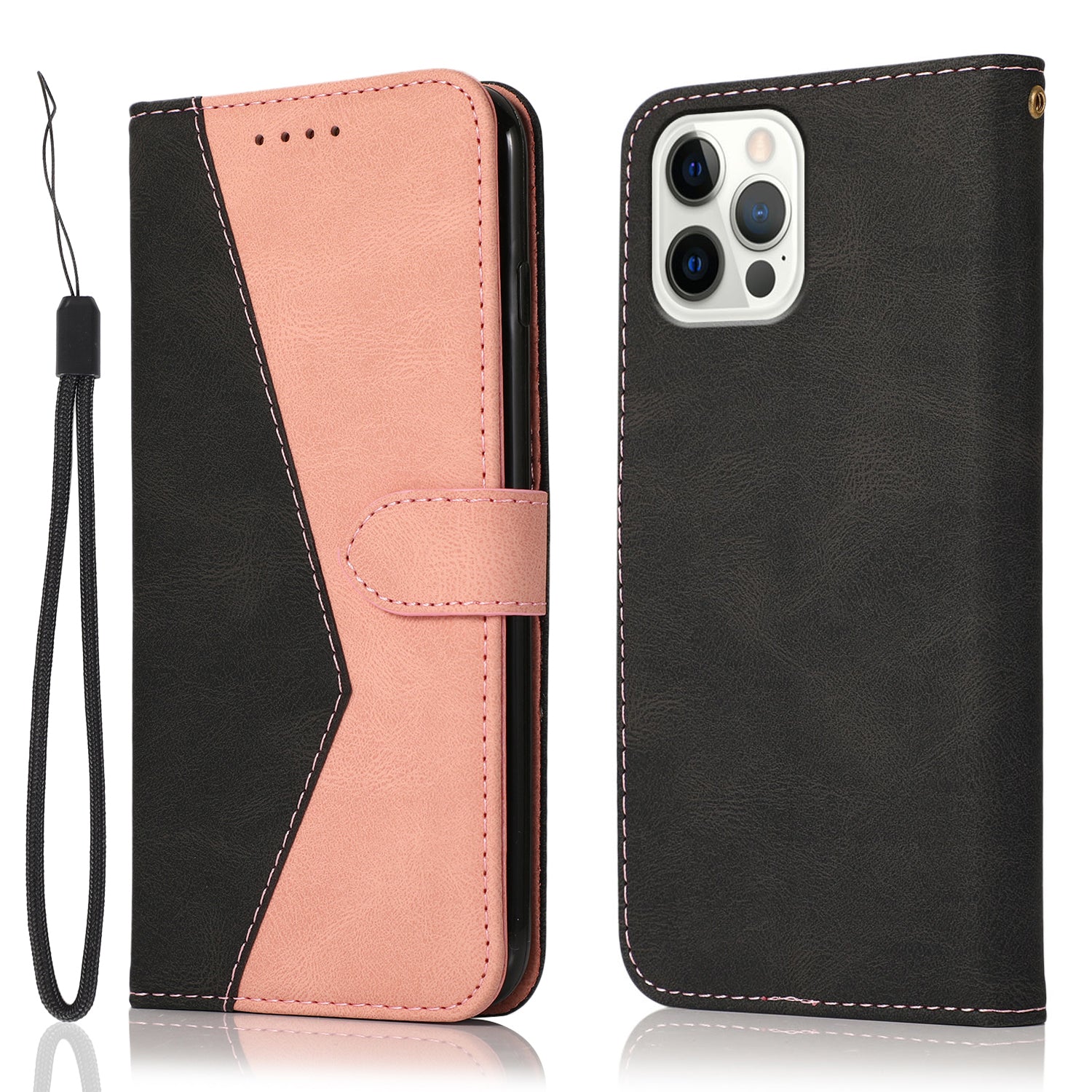 Dual Color Wrist Strap Full Protection Wallet Flip Leather Phone Cover with Stand for iPhone 13 Pro 6.1 inch